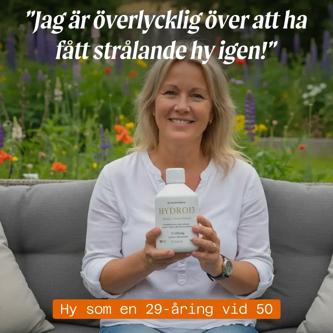 Smiling woman holding a bottle labeled HYDRO13, with garden in background.