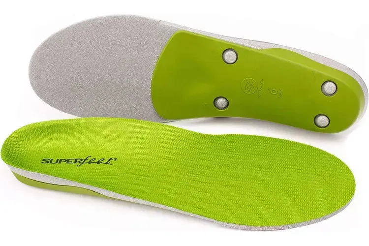 Two green shoe insoles, one showing the top and the other the bottom.