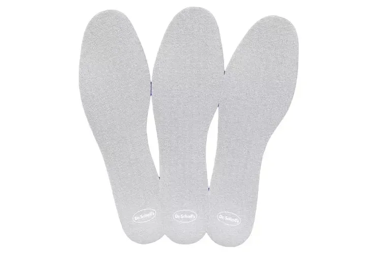 Three gray shoe insoles with a brand logo at the bottom.