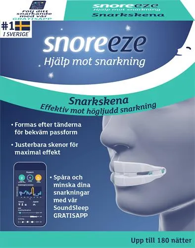 Packaging for a snoring device with instructions and features in Swedish.