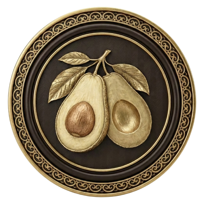 Decorative circular plaque with gold avocados and leaves.
