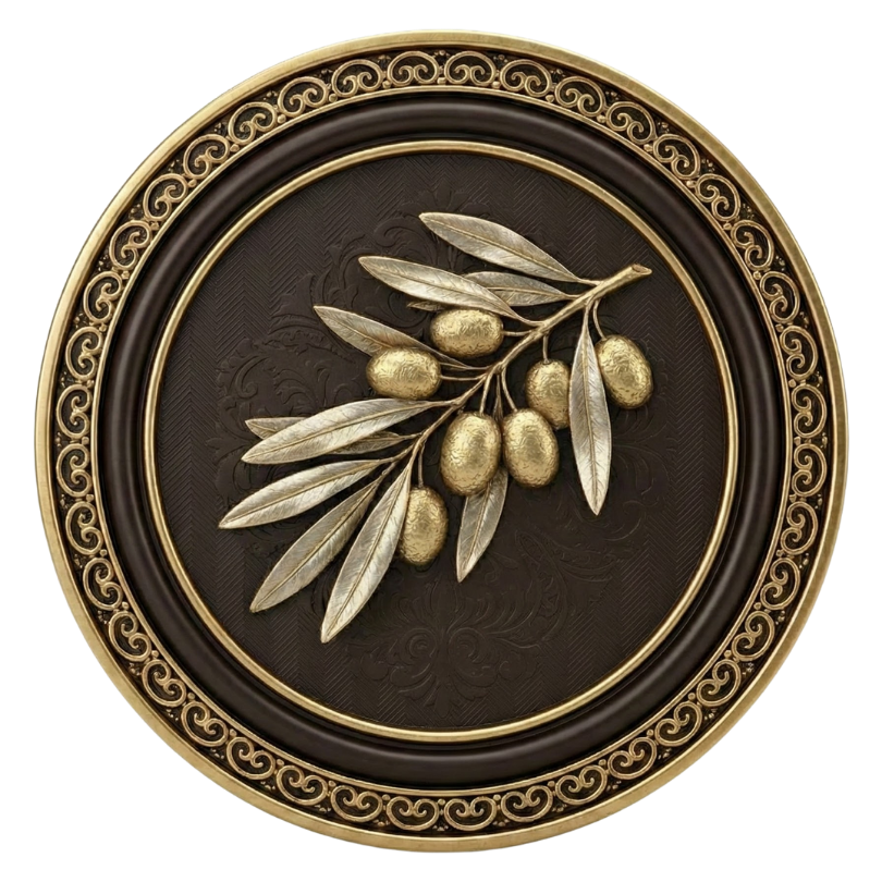 Ornate circular plaque with gold olives and leaves on a dark background.