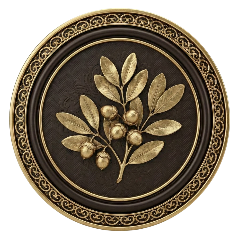 Circular framed artwork with gold leaves and acorns on a dark background.