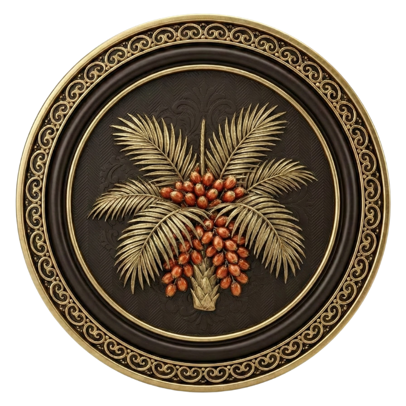 Decorative round plaque with palm leaves and dates design.
