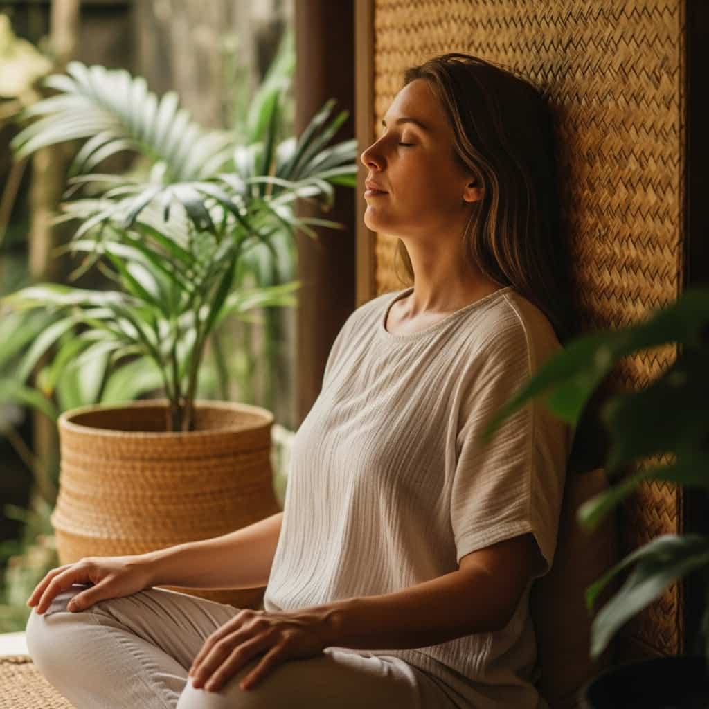 Woman meditating indoors near potted plants, wearing a neutral outfit.