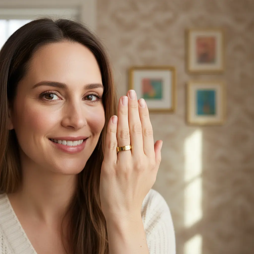 Person smiling, displaying a gold ring on their hand, with framed pictures in the background.