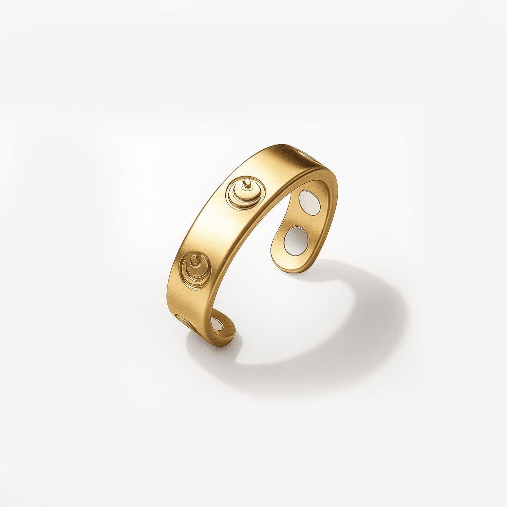 Gold bracelet with circular studs and open ends on a white background.