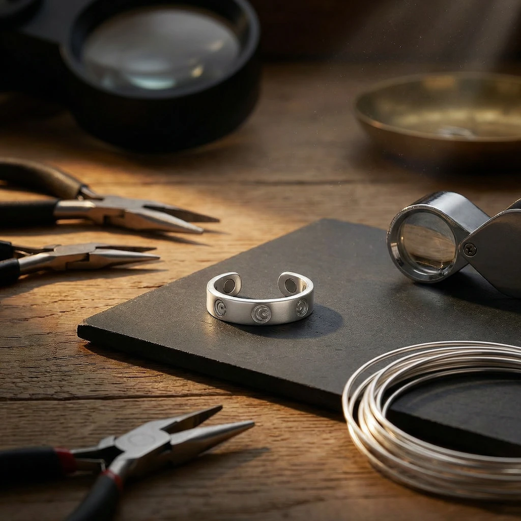 A silver cuff-style ring sits on a jeweler's workbench surrounded by tools like pliers and a loupe.