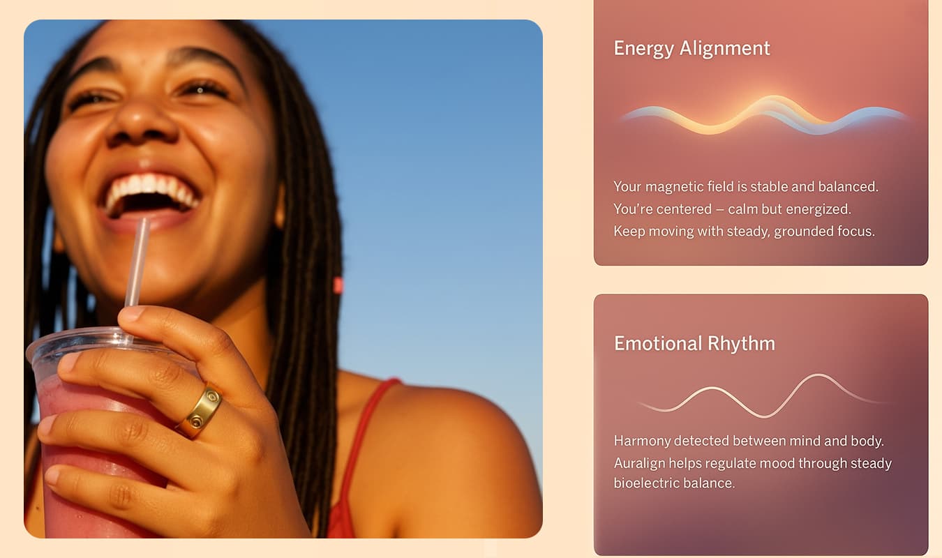 Smiling person holding a drink with text about energy alignment and emotional rhythm.