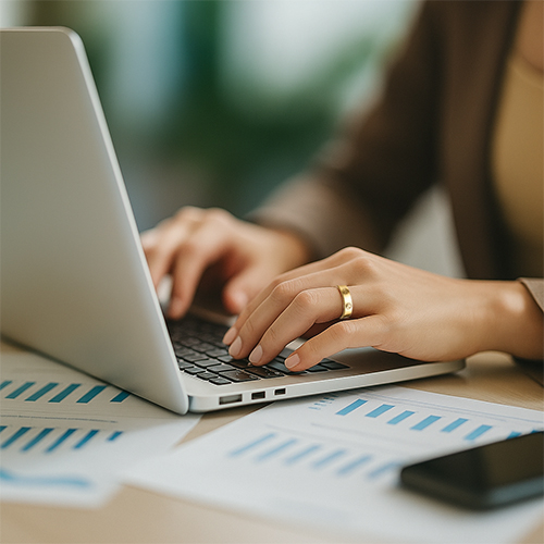Person typing on a laptop near documents with charts.