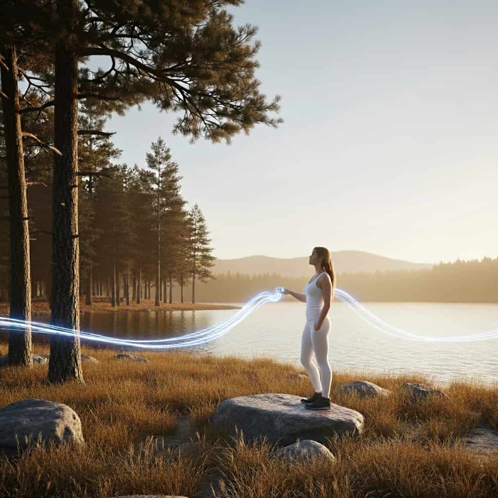 Person in white stands on rock by lake with glowing lines connecting to trees.