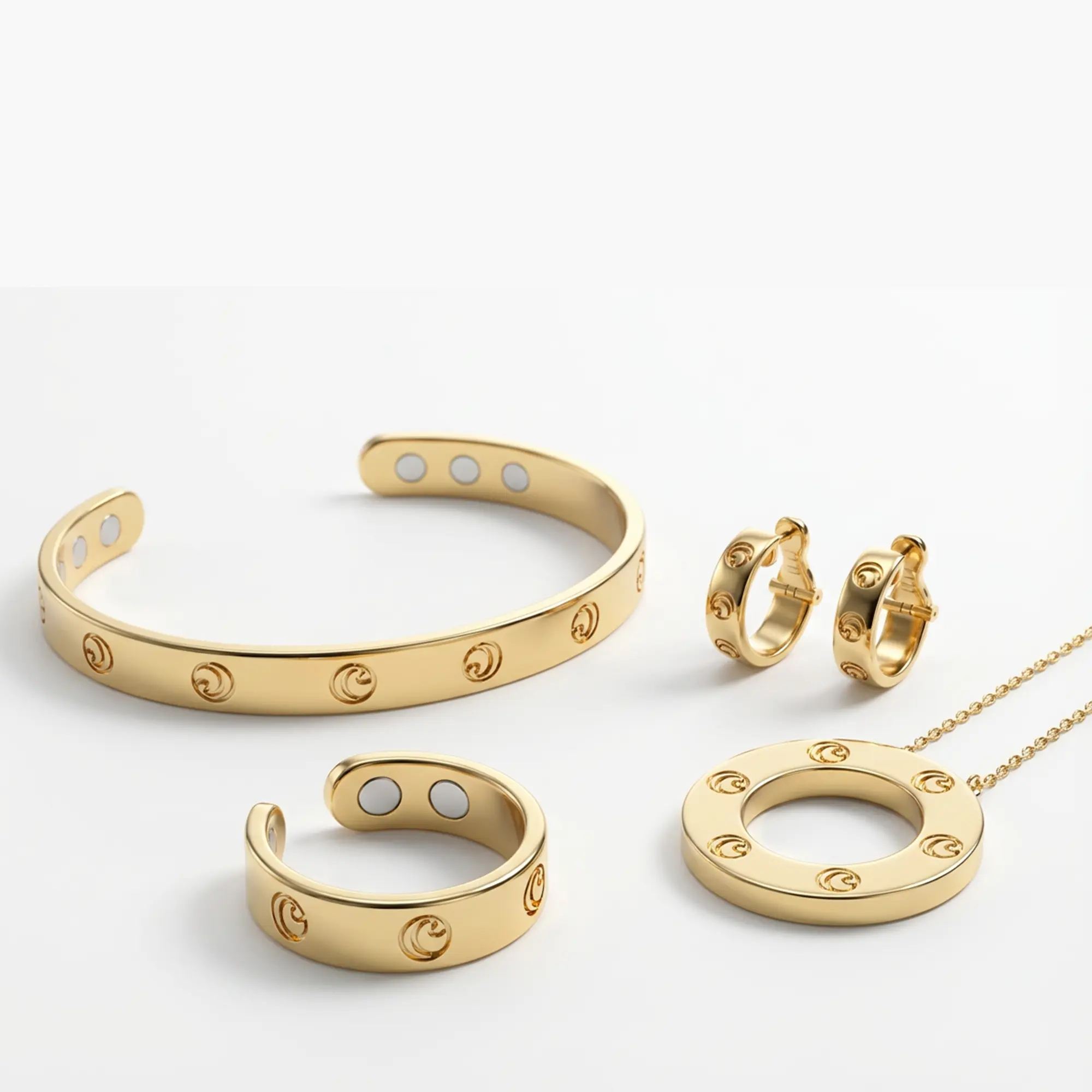 A gold-colored jewelry set with an engraved pattern, including a bracelet, ring, earrings, and necklace.