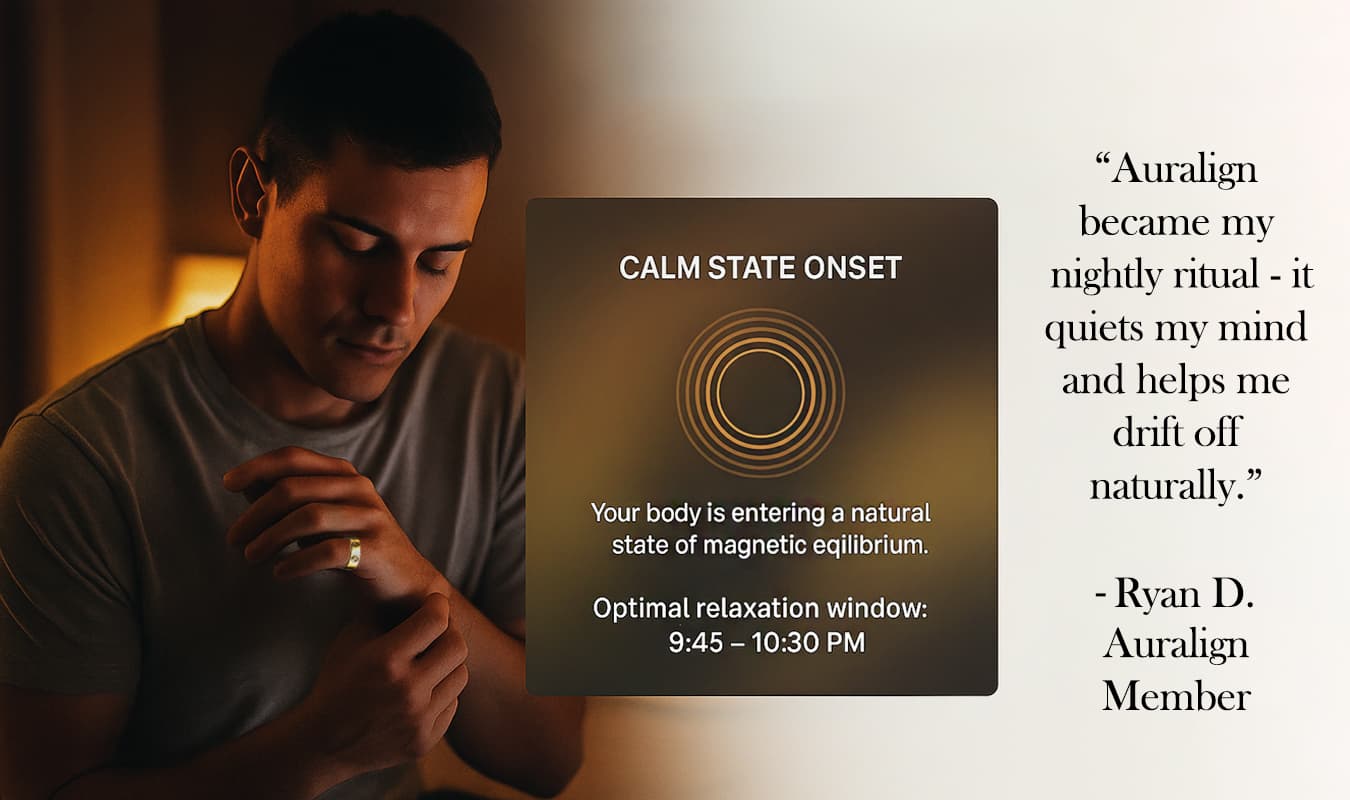 Person wearing a ring, with text about calm state onset and optimal relaxation time.