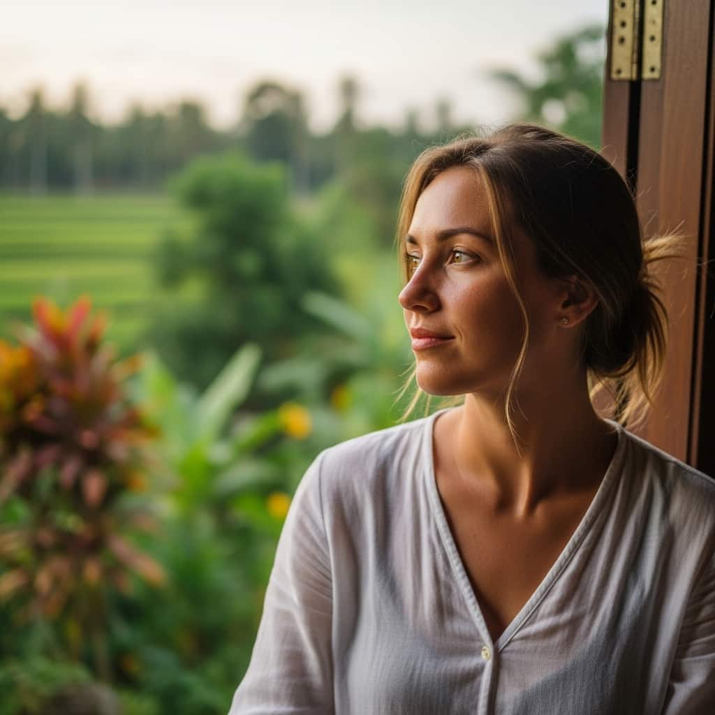 Person gazing out a window overlooking lush greenery.