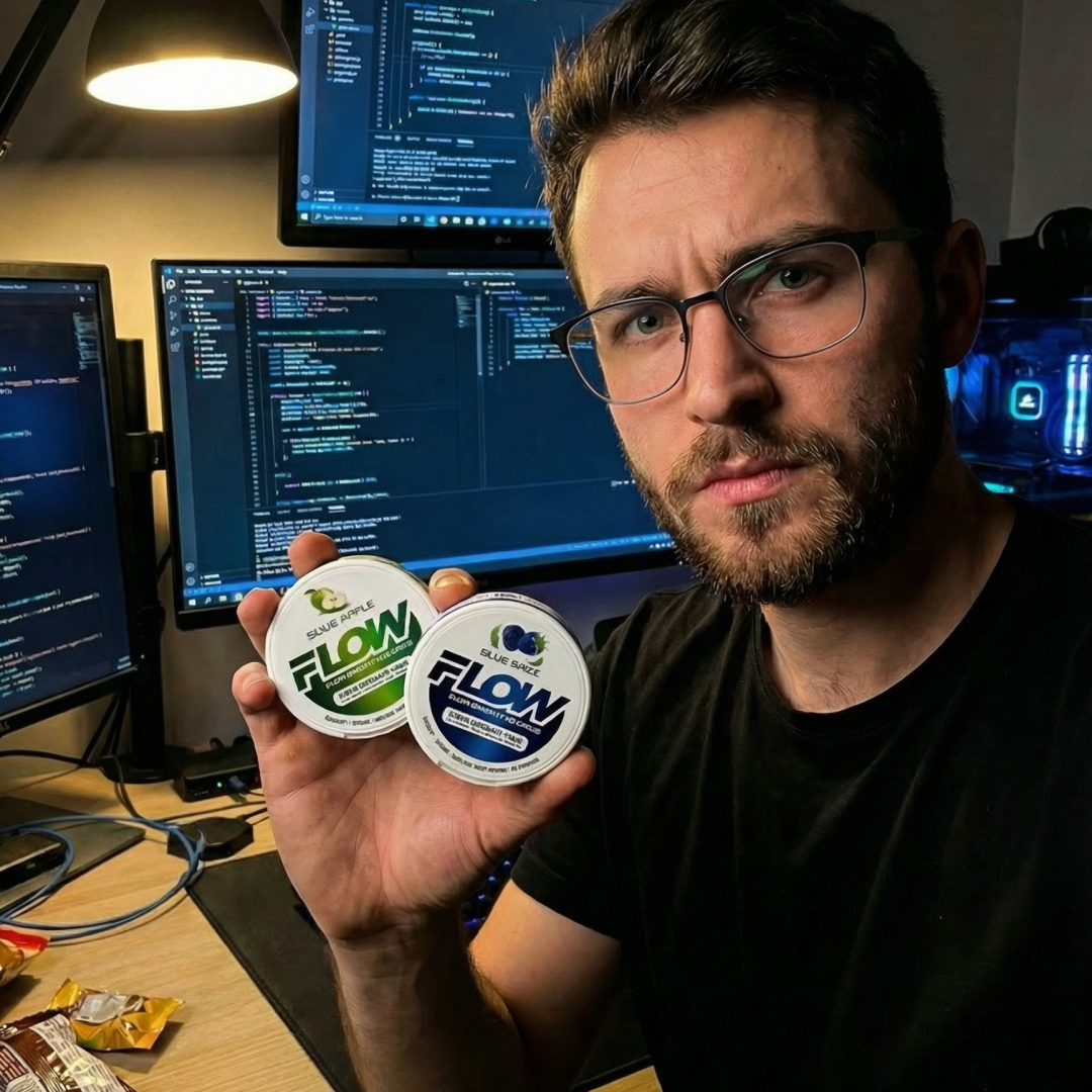 A man with glasses holds two small, round tins in front of computer monitors displaying code.