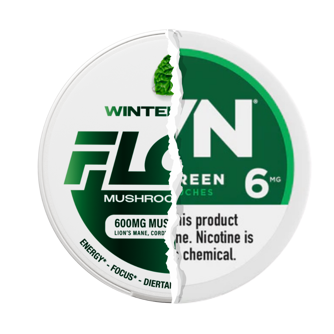 A composite image of a Flown Mushroom Pouches lid and a Zyn Wintergreen pouches lid torn and joined.