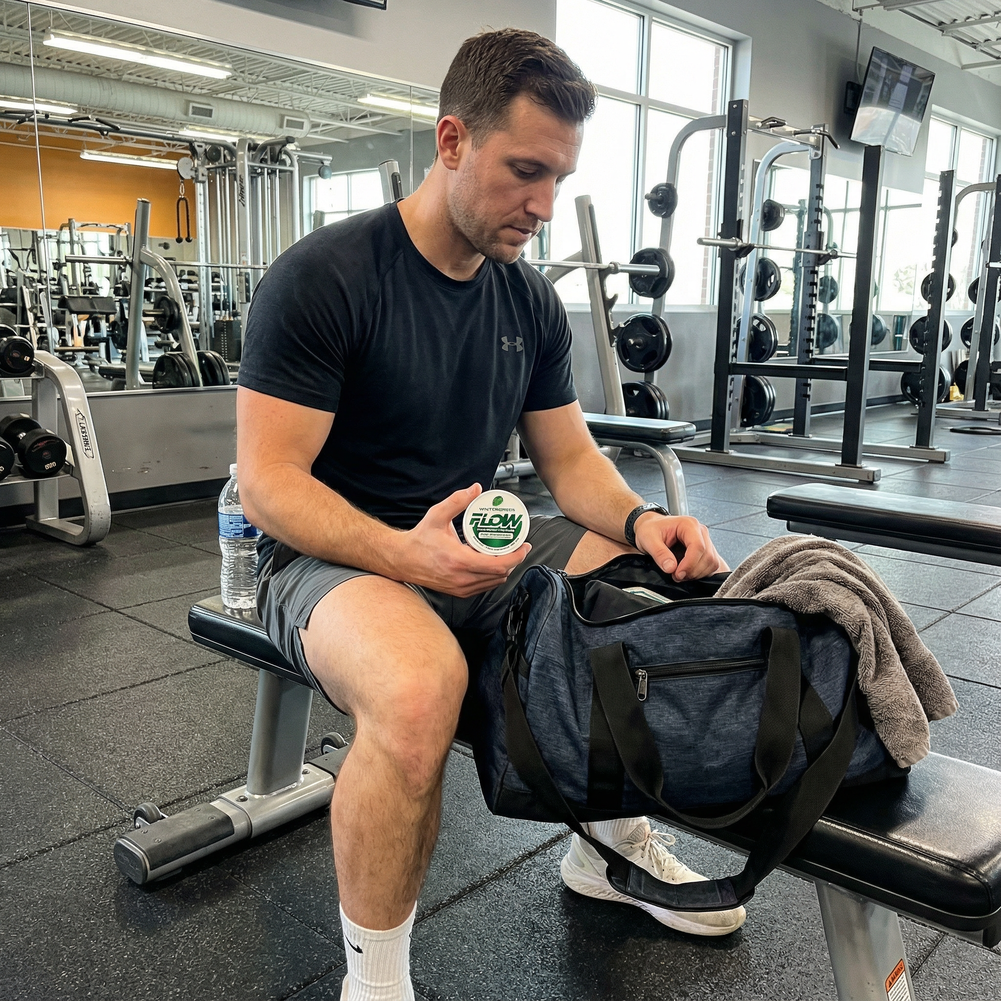 A man in a gym sits on a bench, holding a small container and looking into his bag.