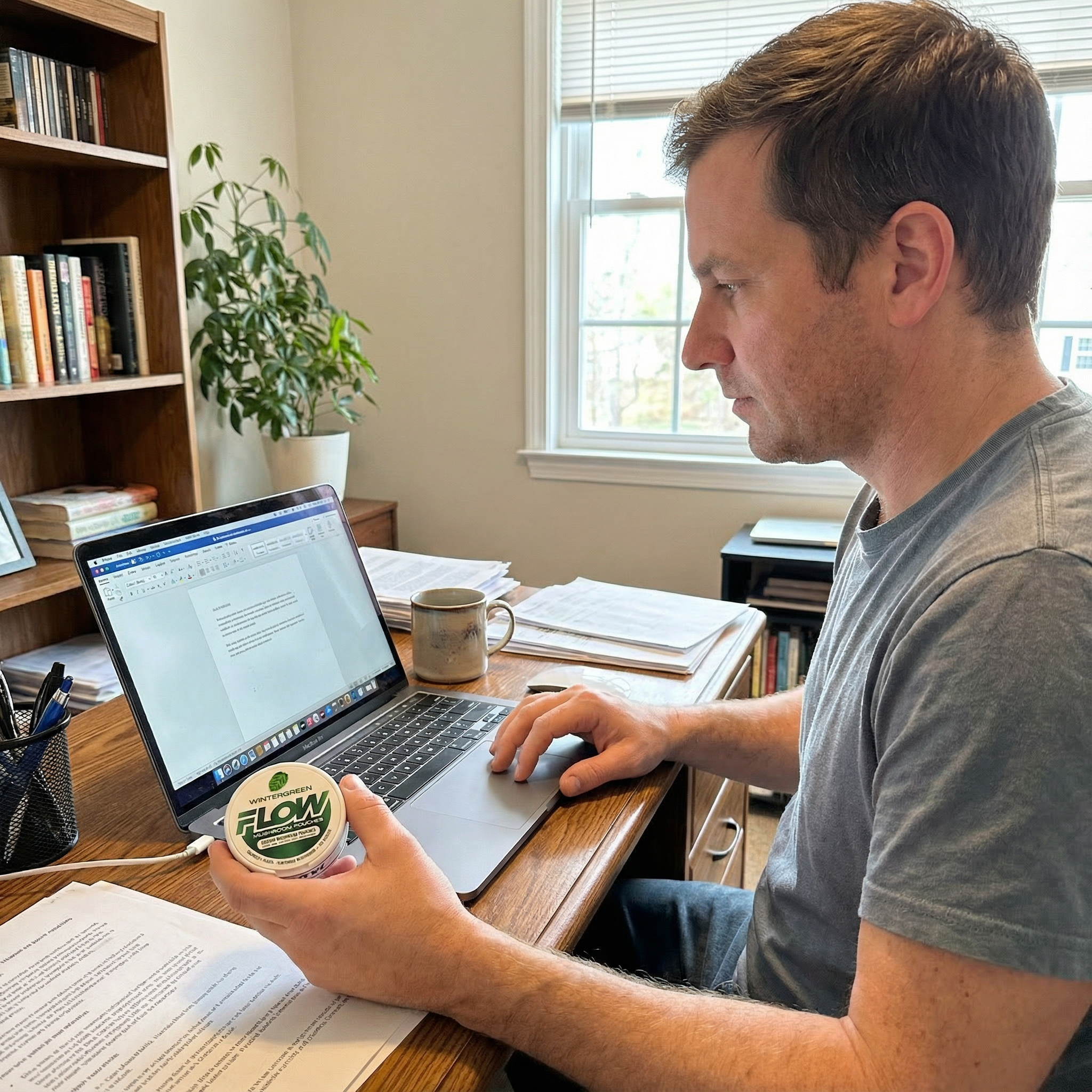 A man in a home office works on a laptop while holding a small round container.