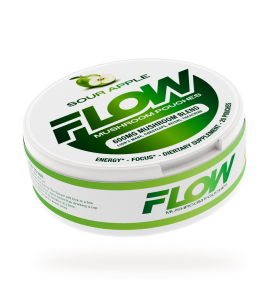 A white and green circular tin of Flow Sour Apple Mushroom Pouches on a white background.