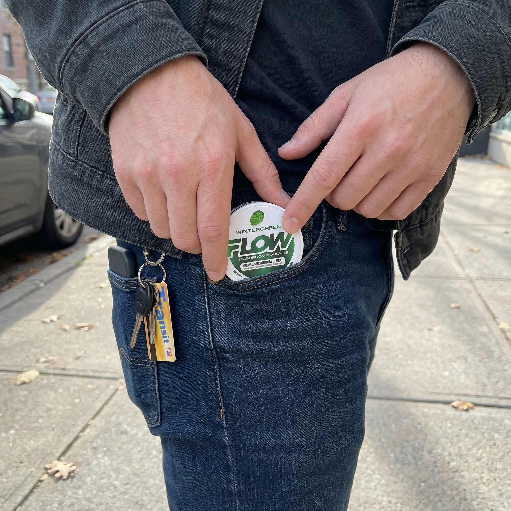 A person in a denim jacket putting a tin of Wintergreen Flow mushroom pouches into their jeans pocket.