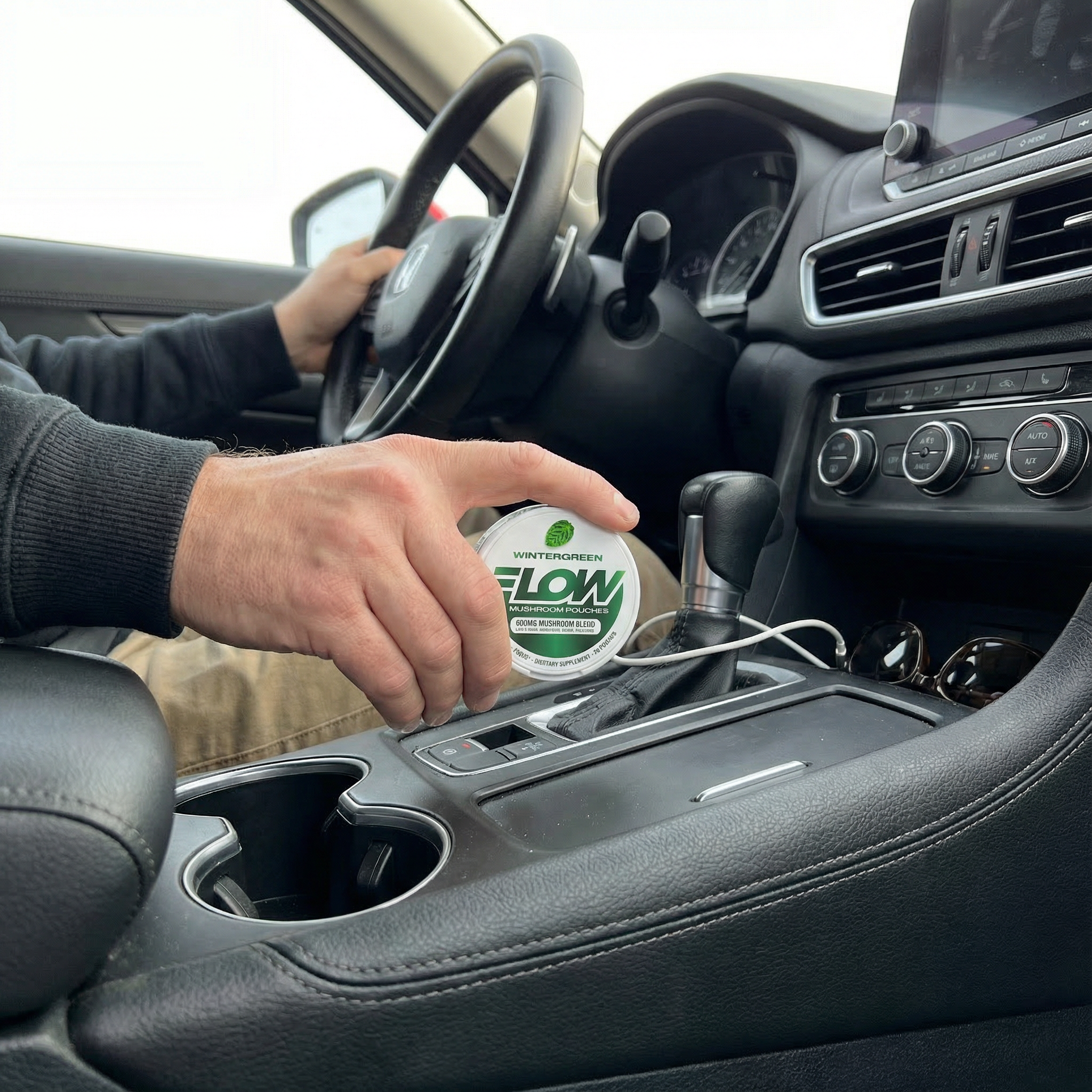 A person in a car holds a container of Wintergreen Flow mushroom pouches over the center console.