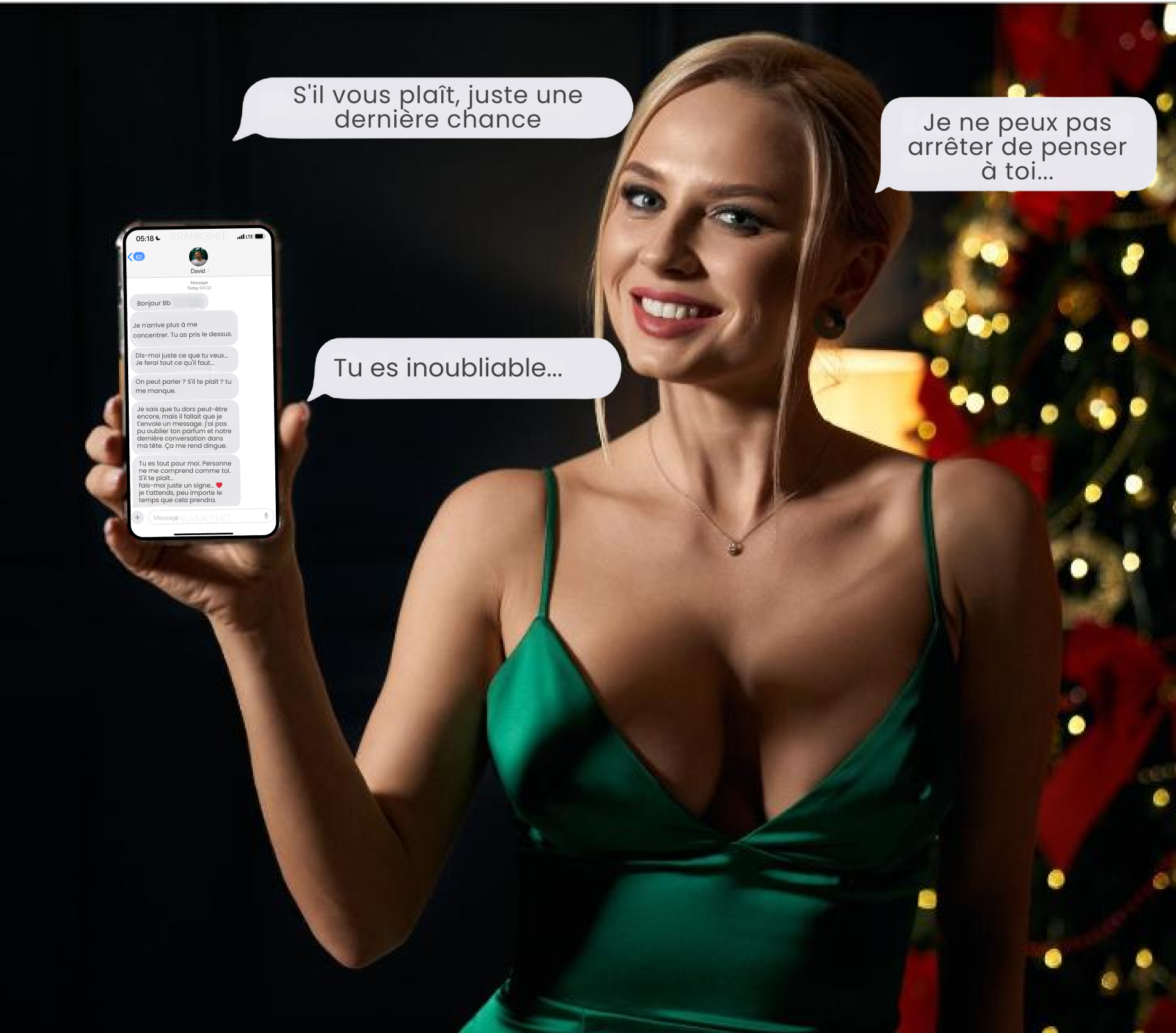 Woman in green dress holding a phone with text messages, Christmas tree in background.