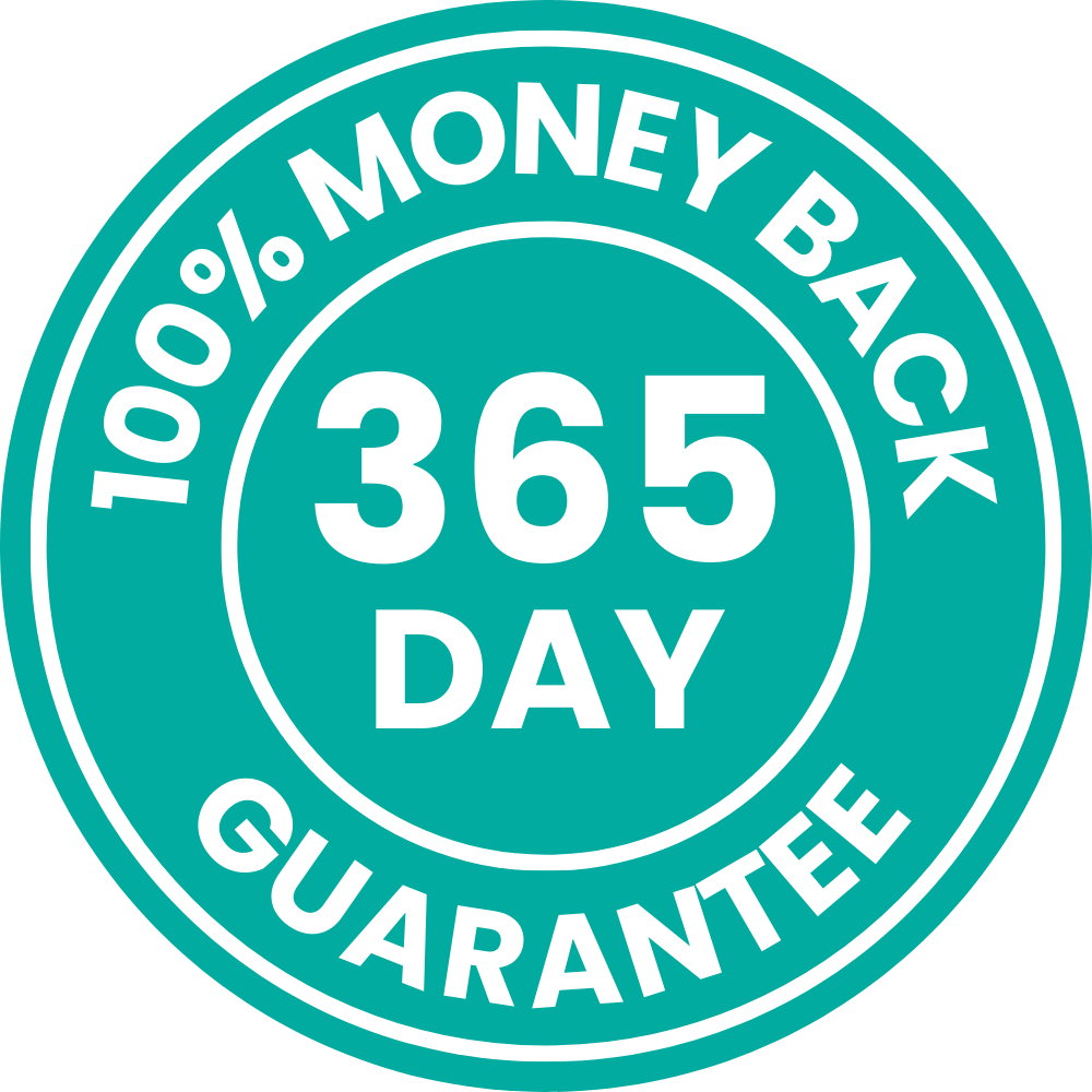 Teal badge with '100% Money Back 365 Day Guarantee' text.