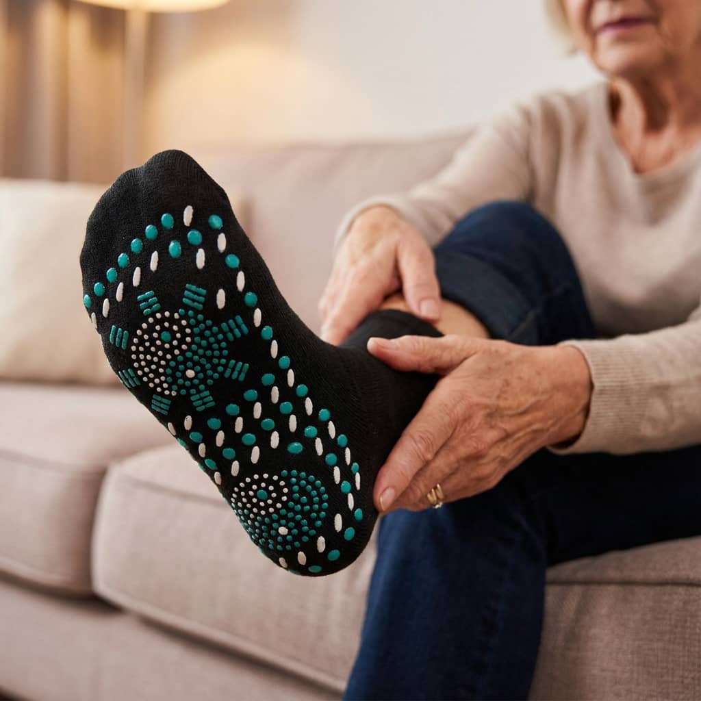 Person wearing black grip socks with teal and white dots on a couch.
