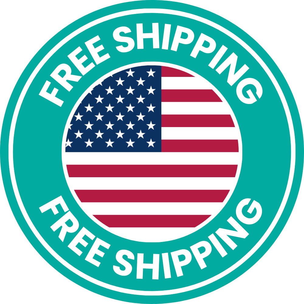 Circular emblem with 'Free Shipping' text and American flag.