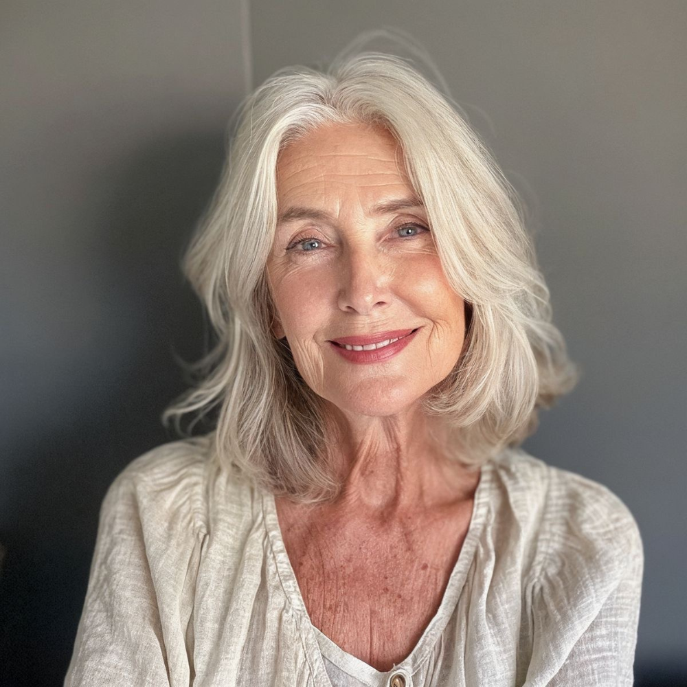 Smiling woman with shoulder-length gray hair in a light-colored shirt.