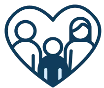 Icon of a family with two adults and a child inside a heart shape.