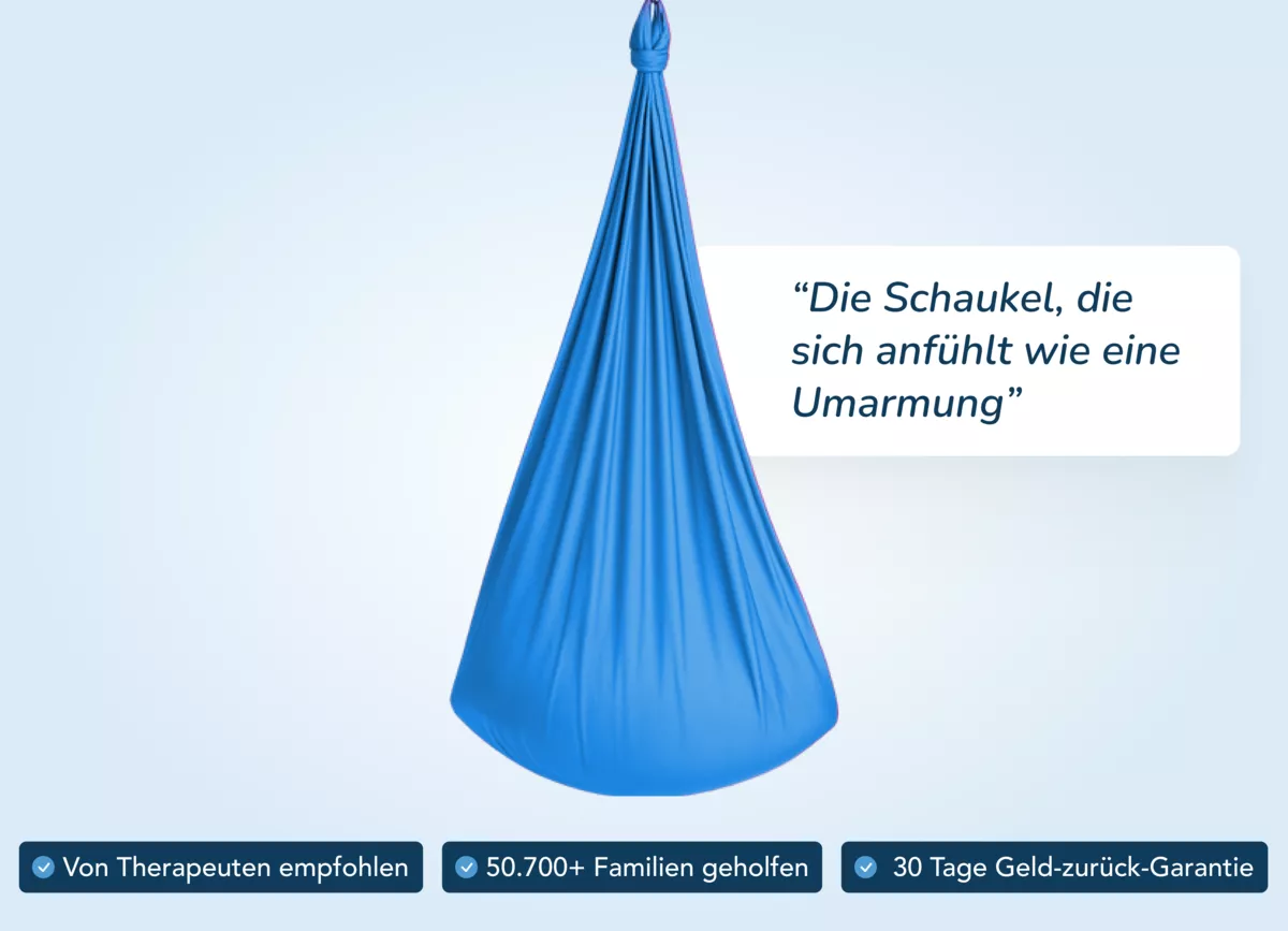 Blue hammock-like swing with German text and icons below.