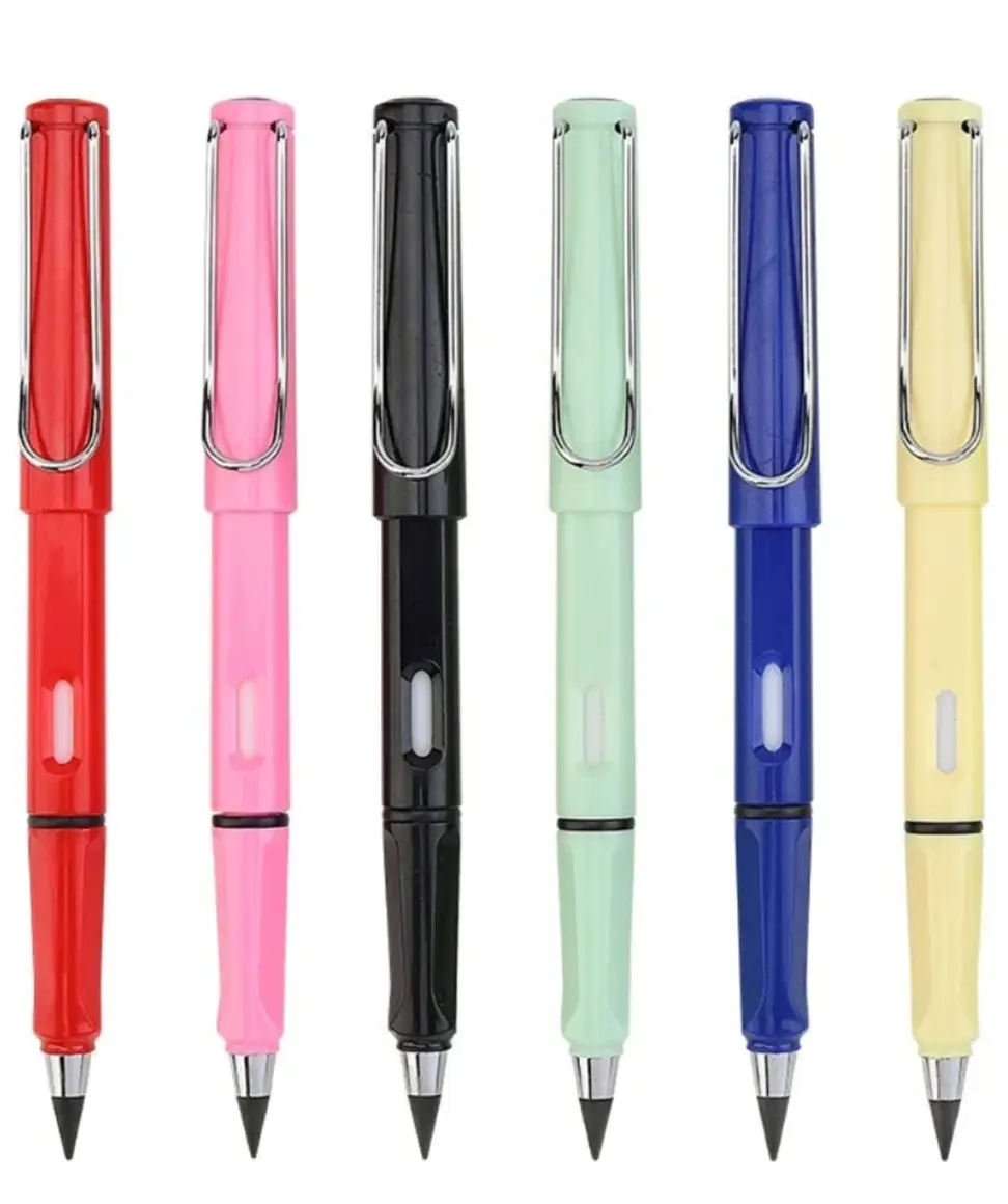 Six colorful pens with silver clips in a row.