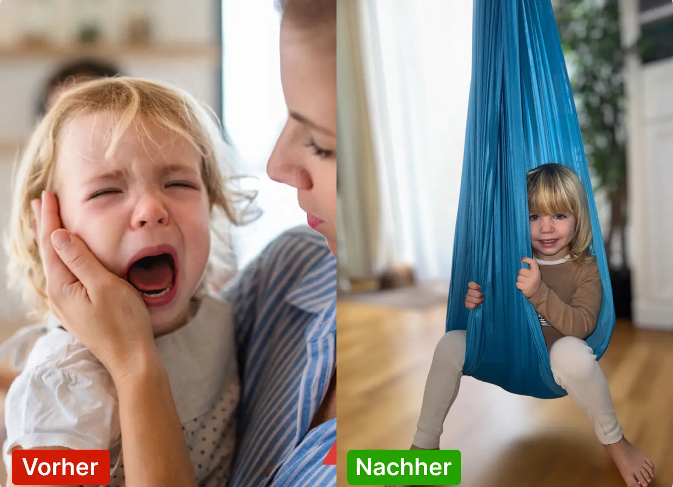 Split image: crying child with adult, happy child in blue hammock.