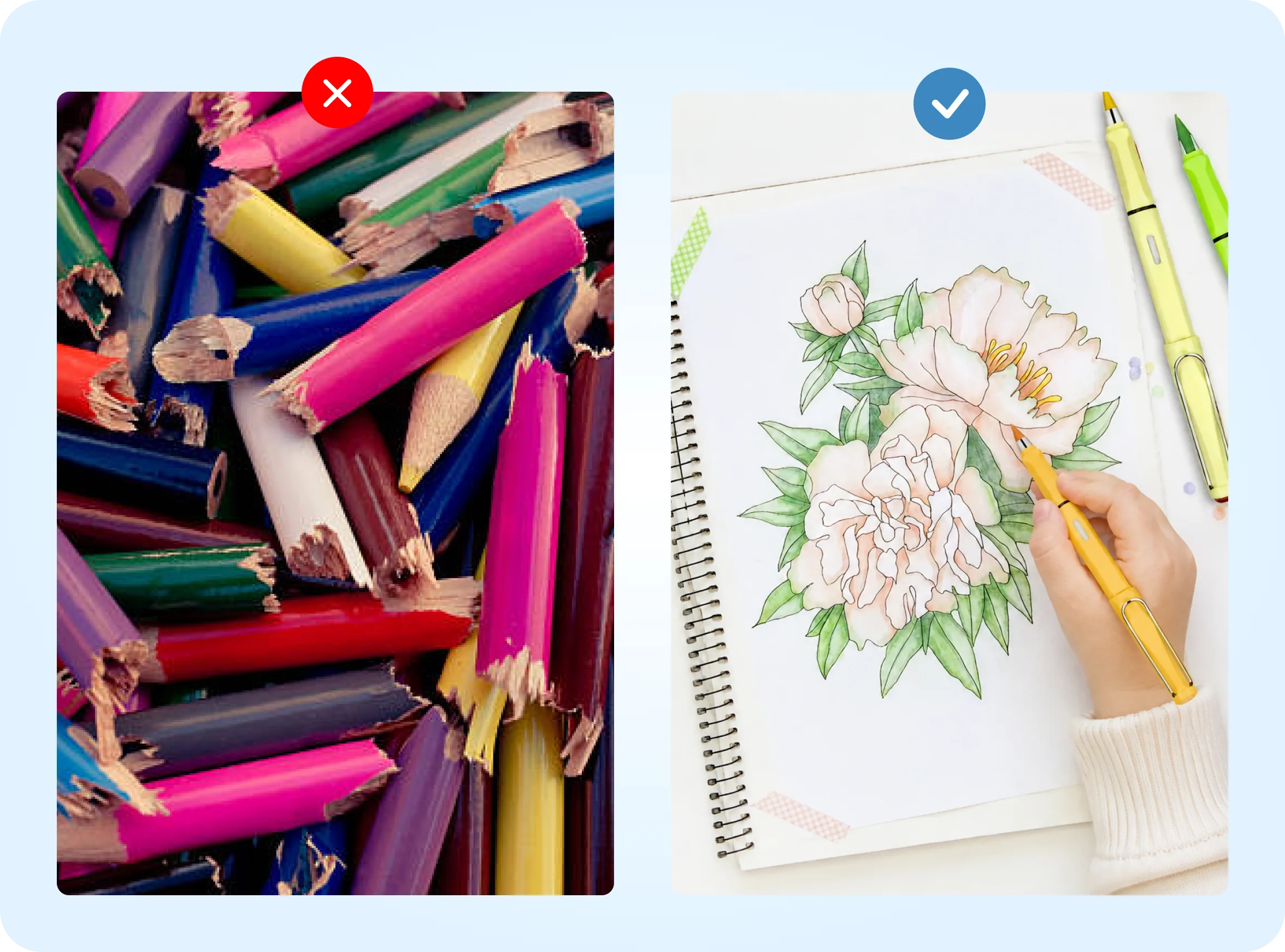 A split image contrasting broken colored pencils with a hand neatly coloring a drawing of flowers.