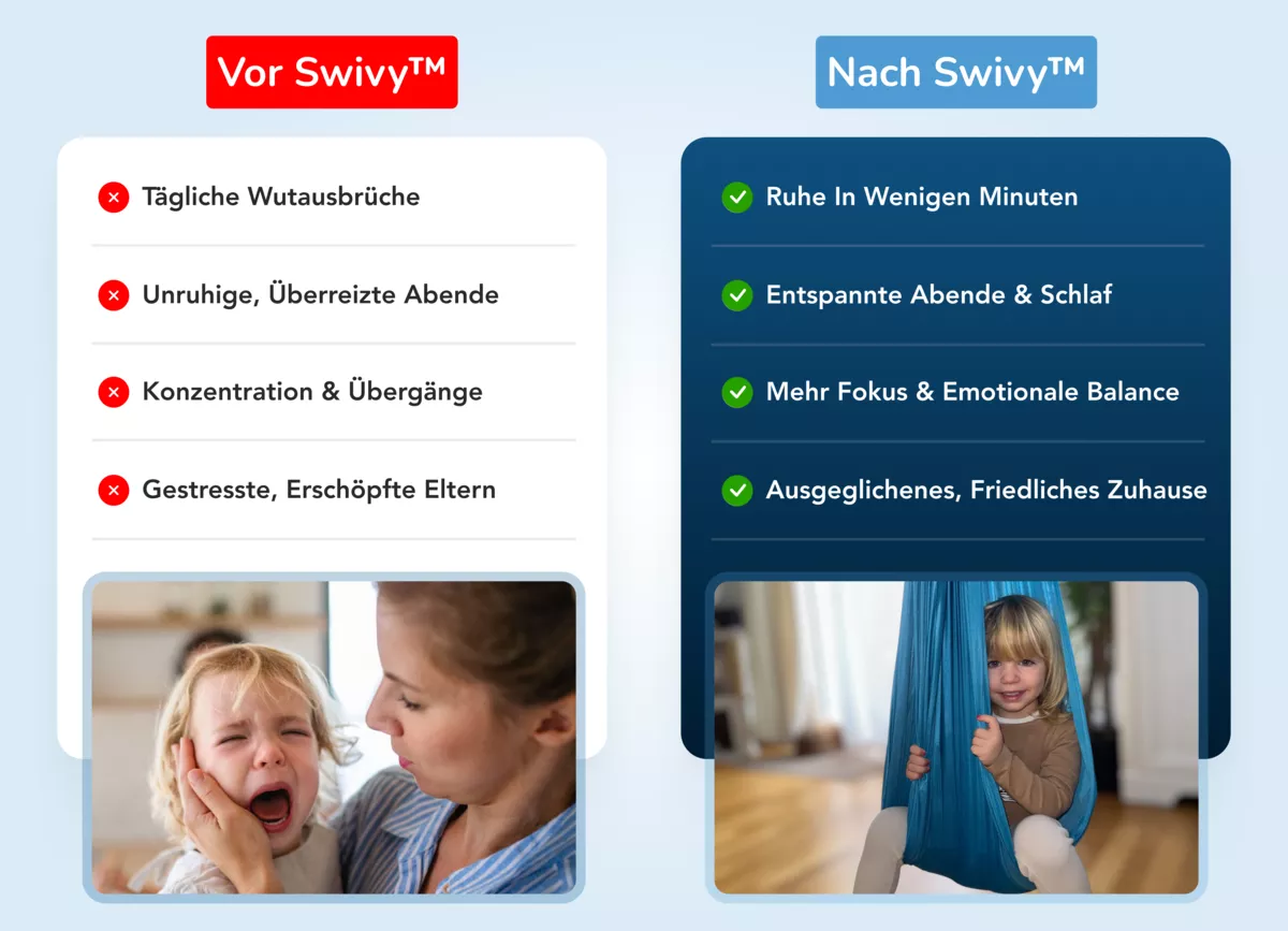 Comparison chart with child photos; left child crying, right child in blue hammock smiling.