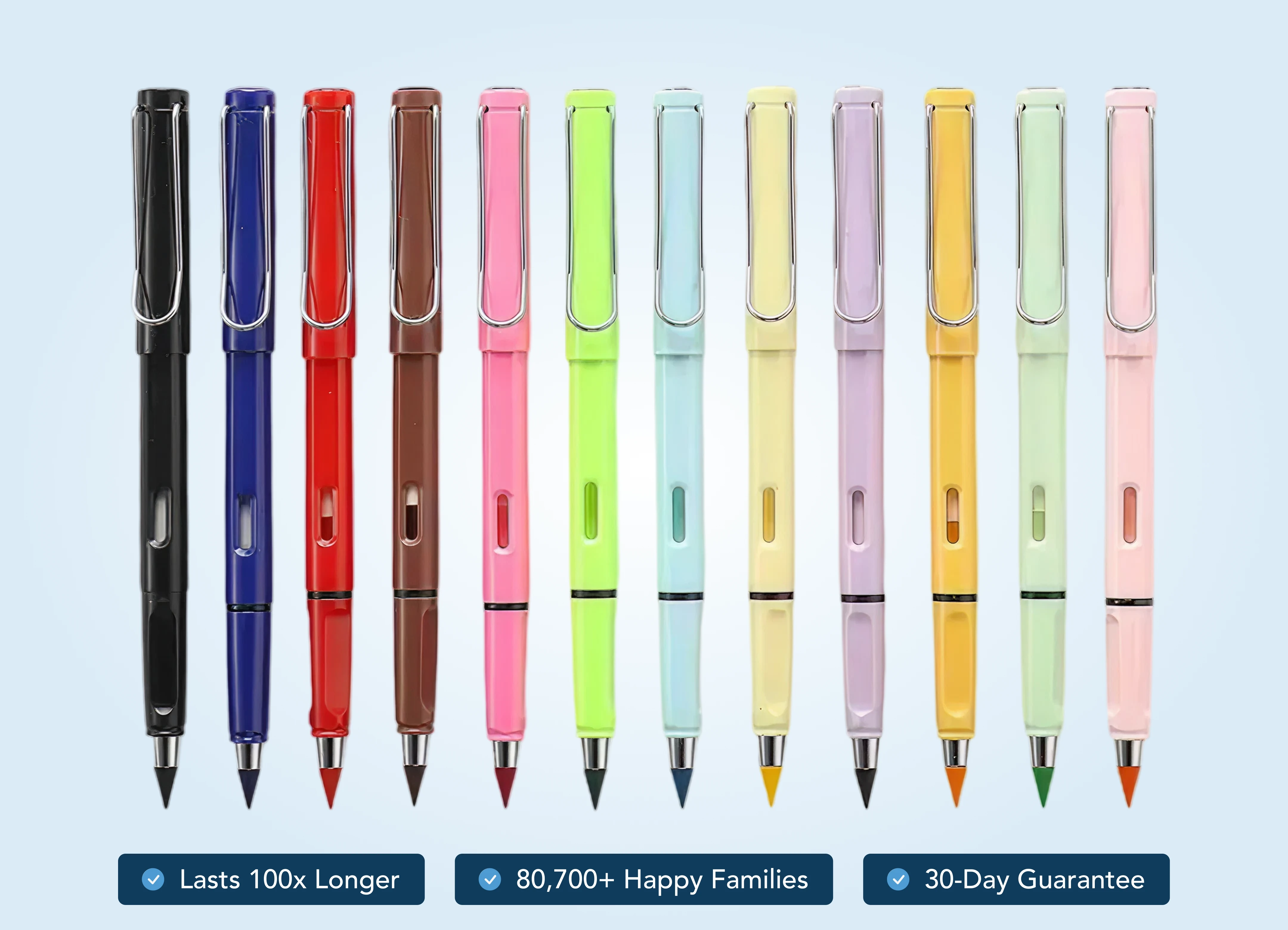 A row of twelve colorful pens with metal clips standing vertically against a light blue background.