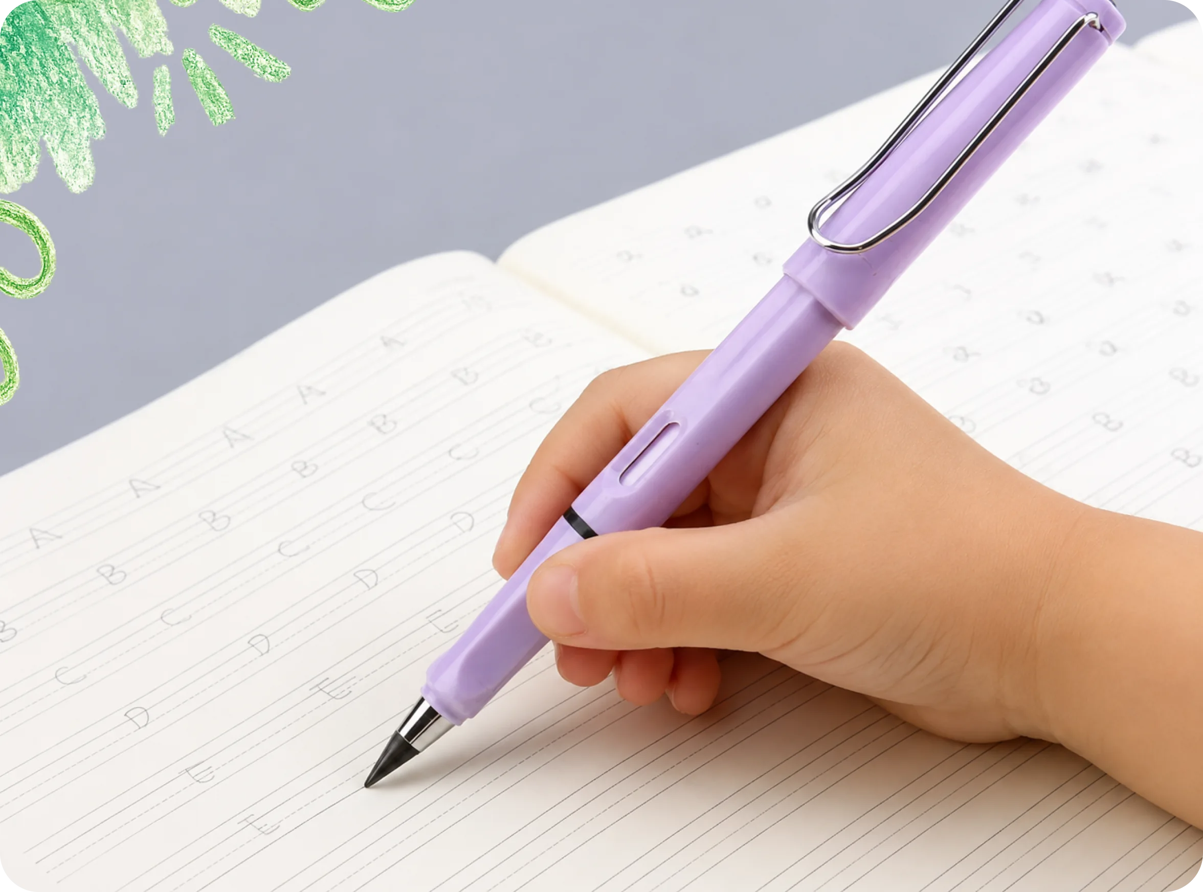 A hand holding a purple pen tracing letters in a practice workbook.