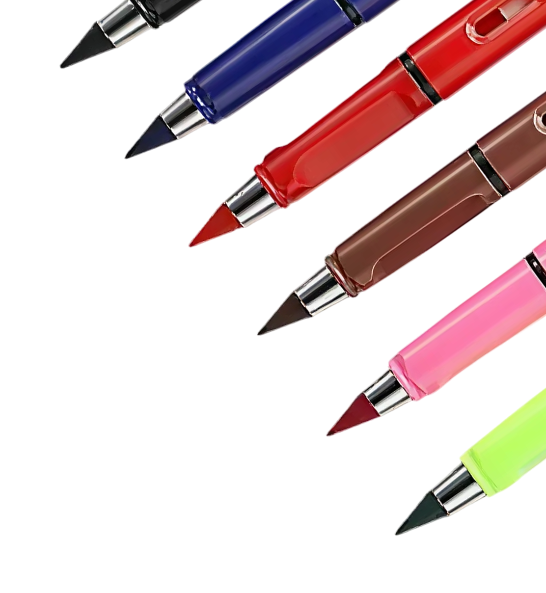 A close-up of six colorful brush pens arranged diagonally on a white background.