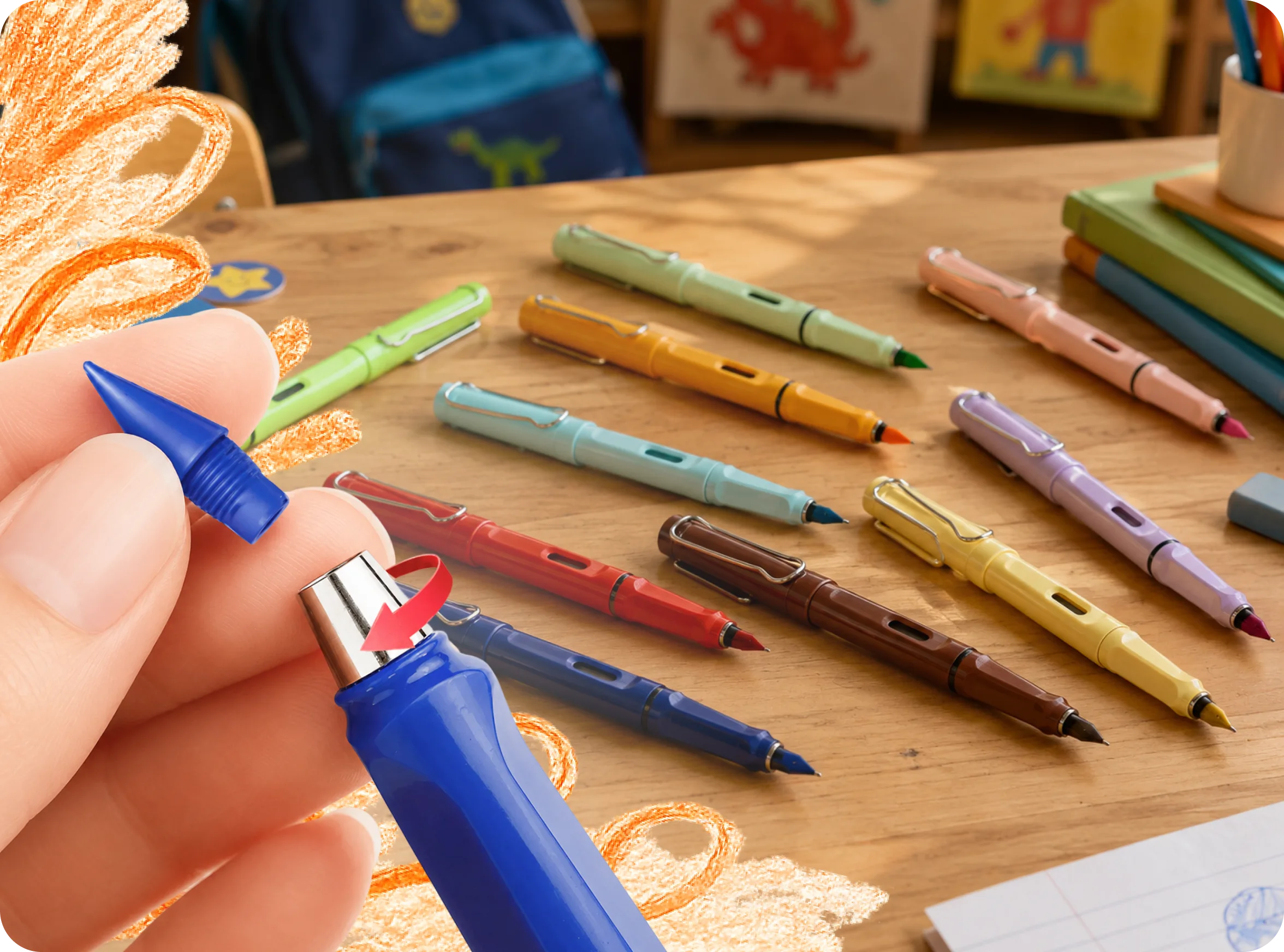 A hand twists a blue pen, with many other colorful pens scattered on a wooden desk in the background.