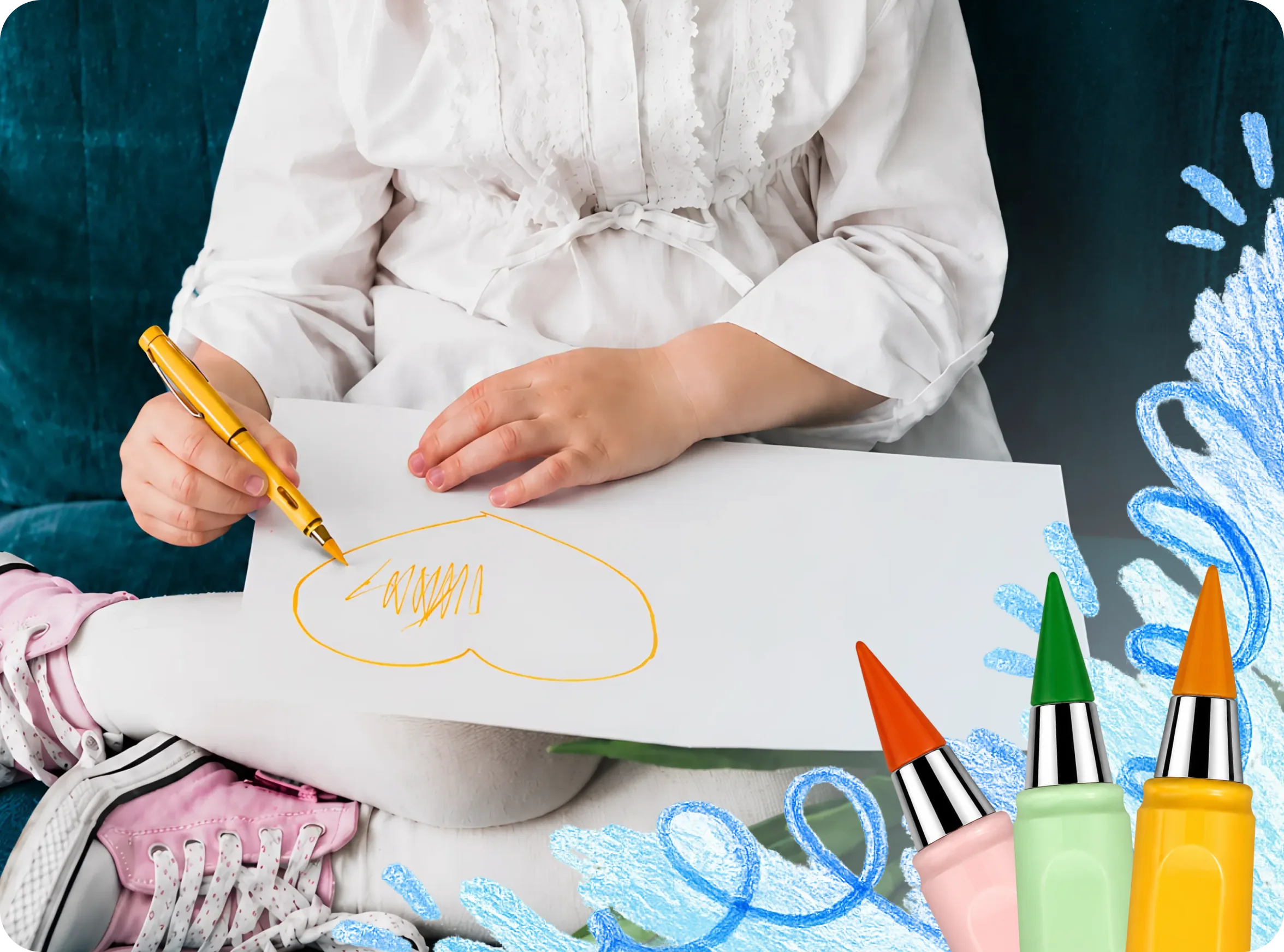 A child in a white shirt sits drawing a yellow heart on a piece of paper.