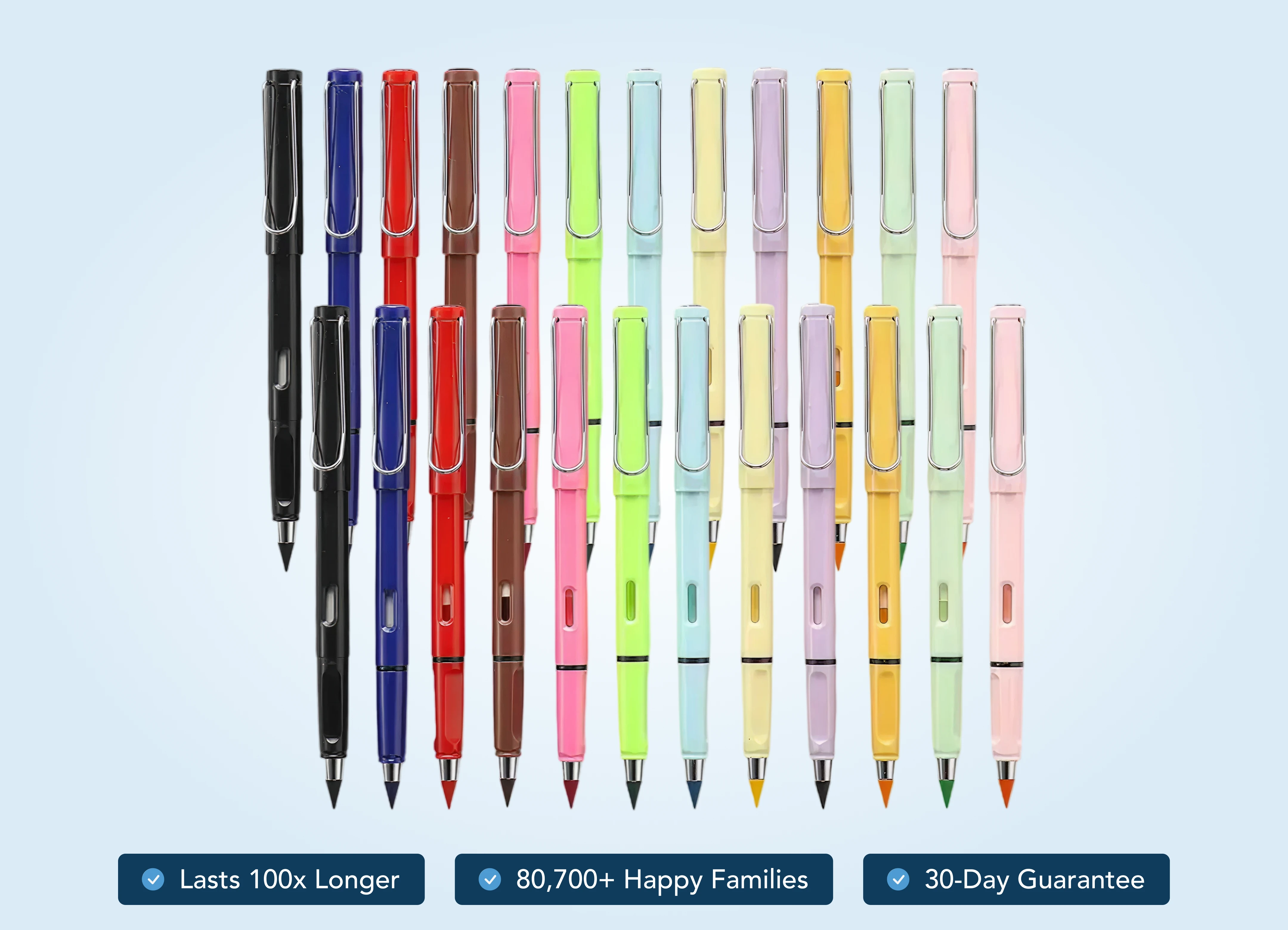 An assortment of colorful pens with metal clips arranged vertically in two rows.
