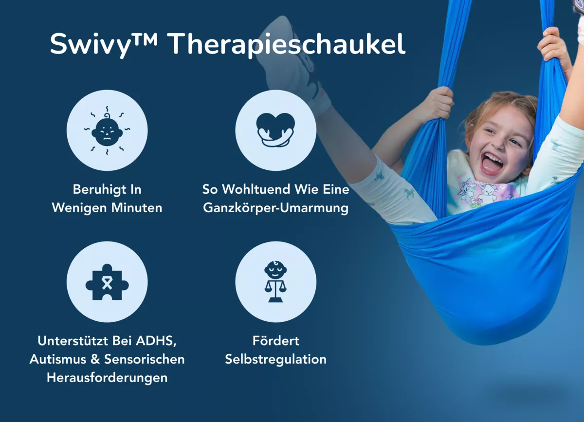 Child in blue swing with German text about therapy benefits.