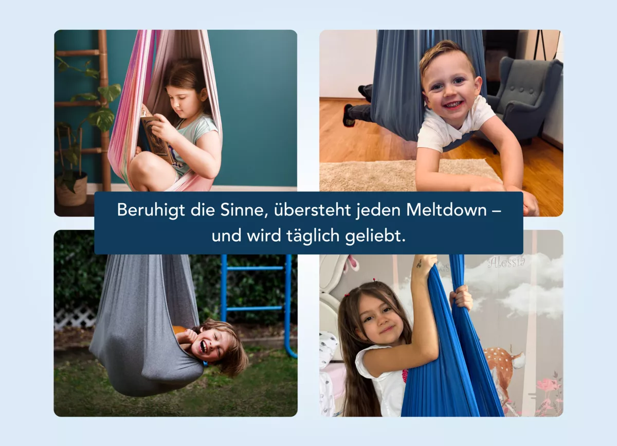 Four children smiling and playing in various colored sensory swings.