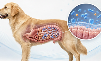 A golden retriever with a cutaway illustration of its digestive system showing gut bacteria and a magnified intestinal wall.
