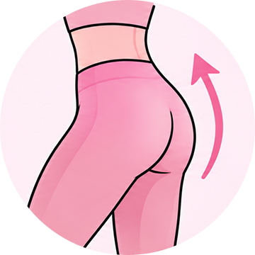 A cartoon illustration of a person's rear in pink leggings with a curved arrow pointing upward.