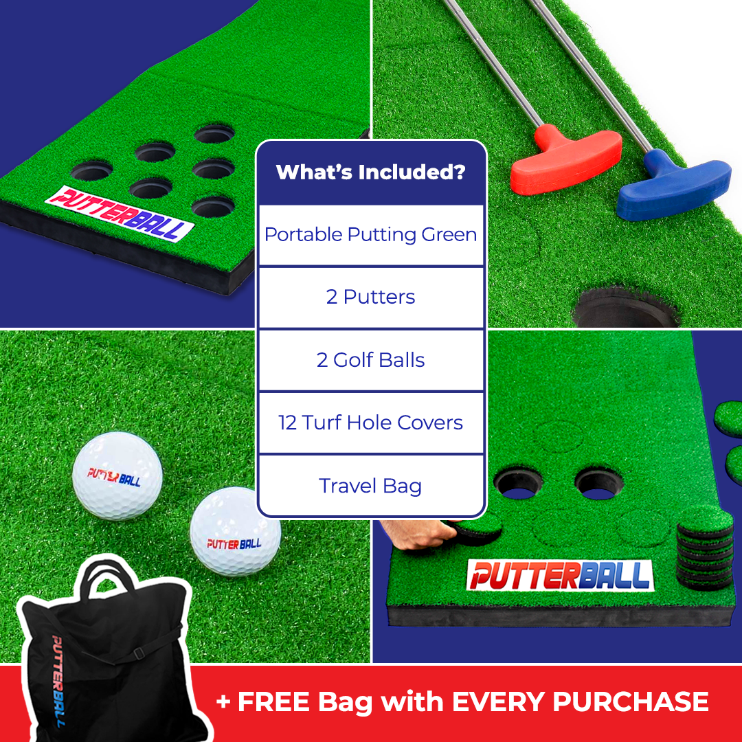 PutterBall putting green set with putters, golf balls, turf hole covers, and a travel bag included.
