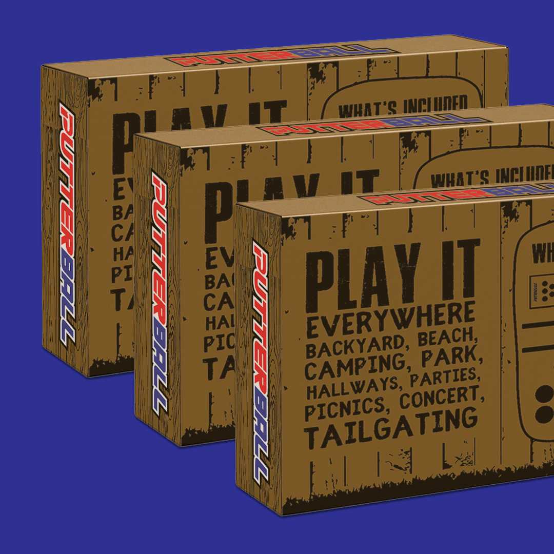 Three PutterBall game boxes with text about playing locations on a blue background.