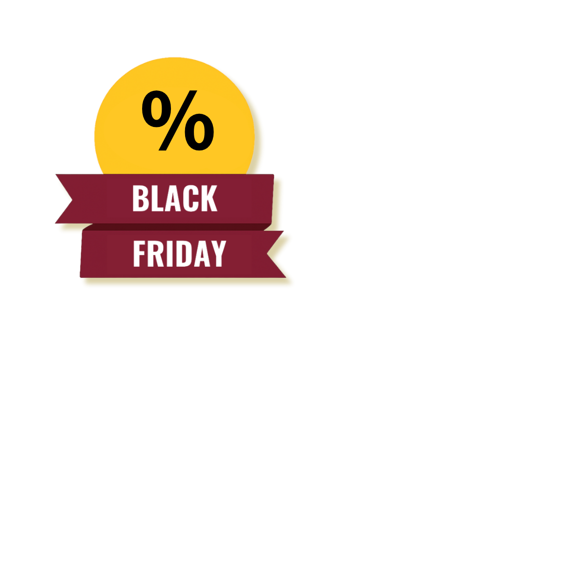 Yellow circle with a percentage sign and 'Black Friday' on a red ribbon.