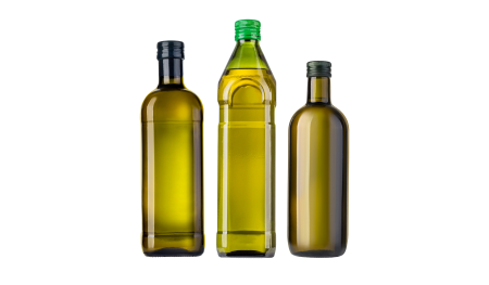 Three olive oil bottles with green and black caps on a white background.